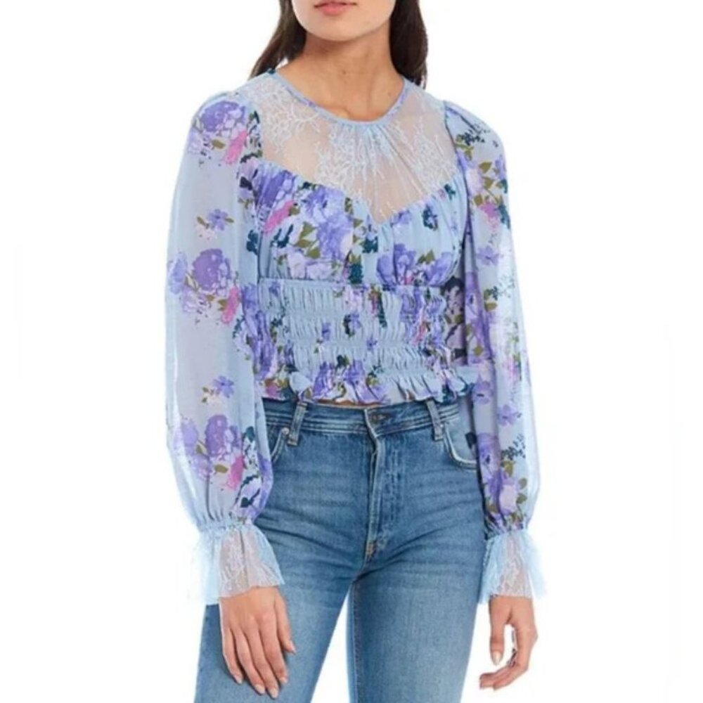 Free People Daphne Floral Lace Smocked Crop Top Silver Blue Combo Size SP